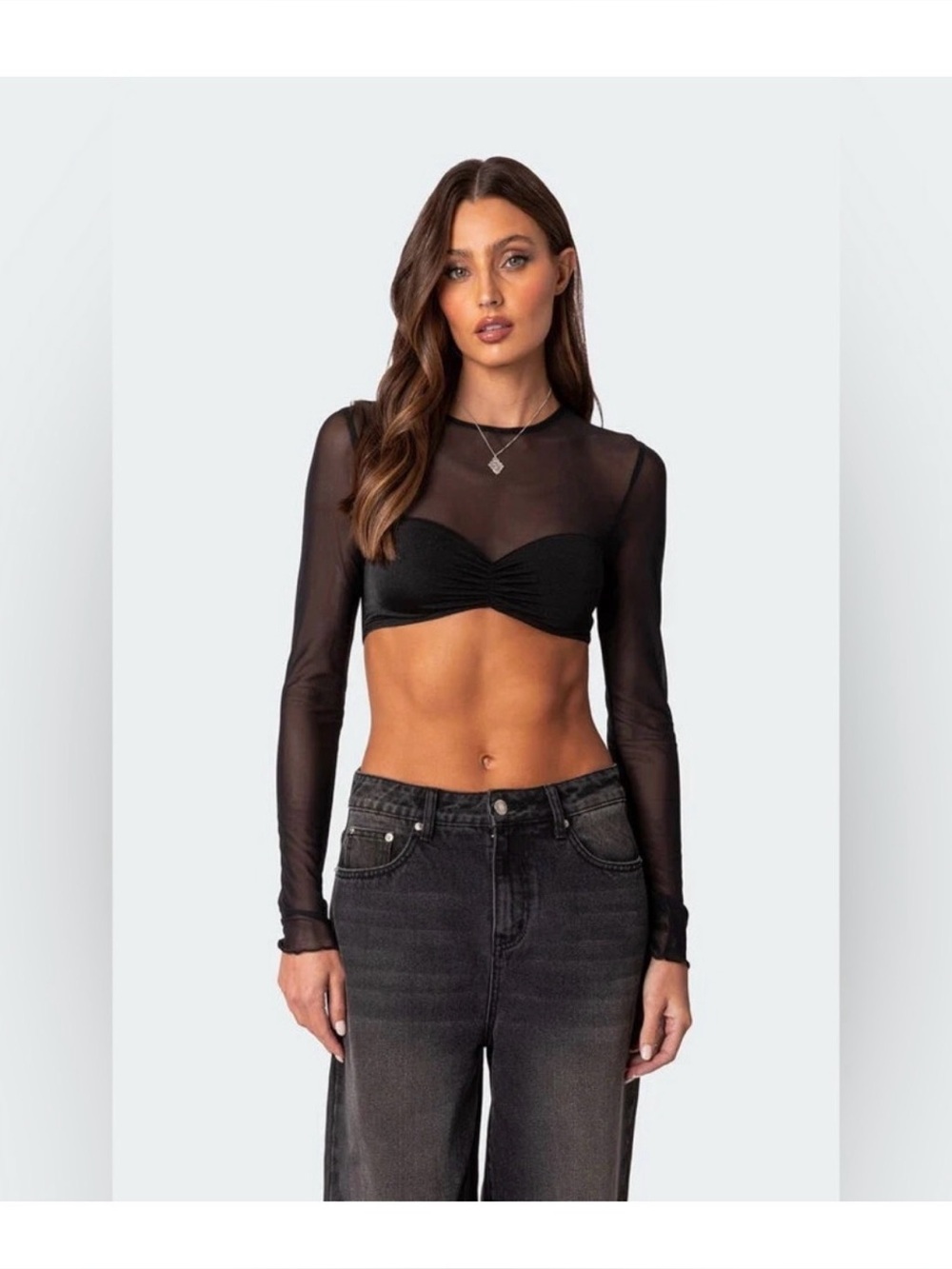 Edikted Black Sheer Ruched Long-Sleeve Cropped Top